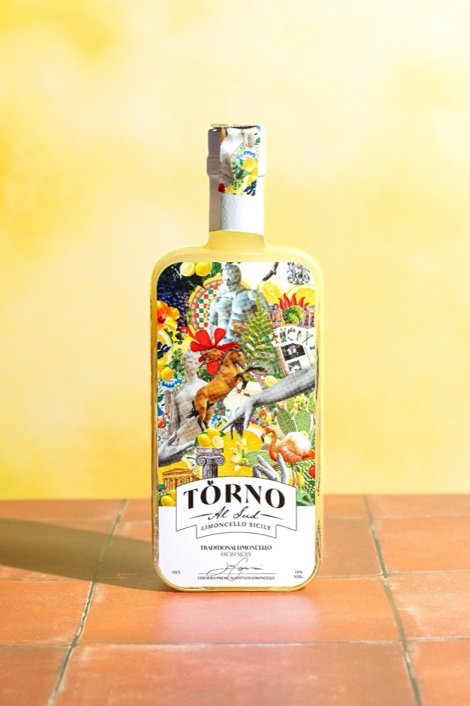 Illustrated bottle of limoncello on a yellow background